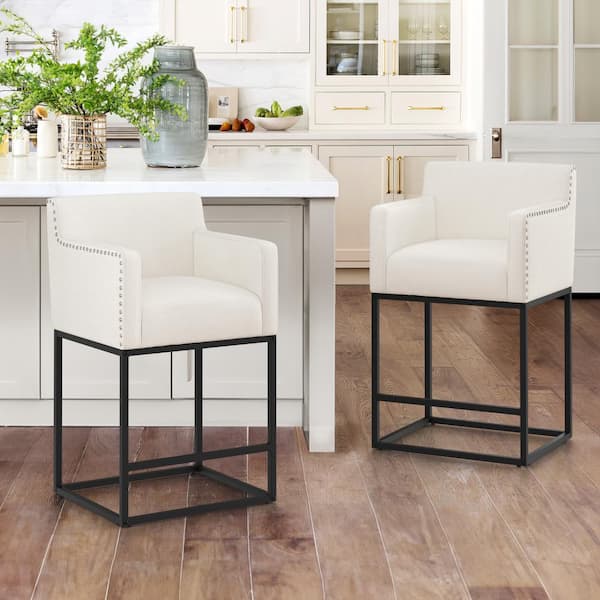 LUE BONA Luna 26 in. Beige Fabric Upholstered Counter Bar Stool with Black Metal Frame Square Counter Stool Set of 2