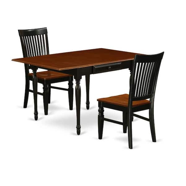 East West Furniture 3-Piece Black and Cherry Finish Solid Wood Top With Dropleaf Dining Table Set