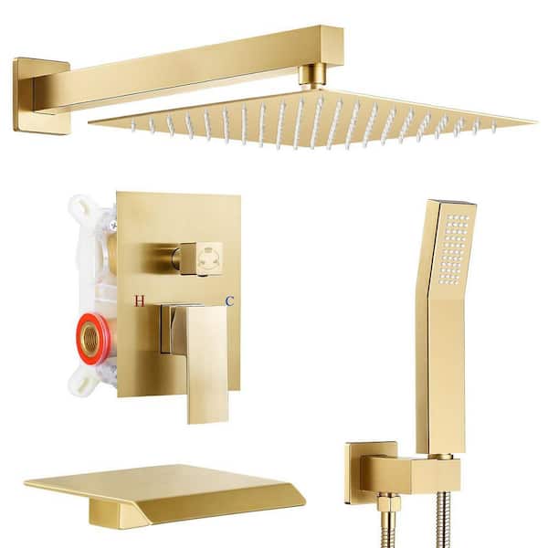Single Handle 3-Spray Square Shower Faucet Bathroom Shower Combo Set 2.5 GPM with Waterfall Spout in Brushed Gold