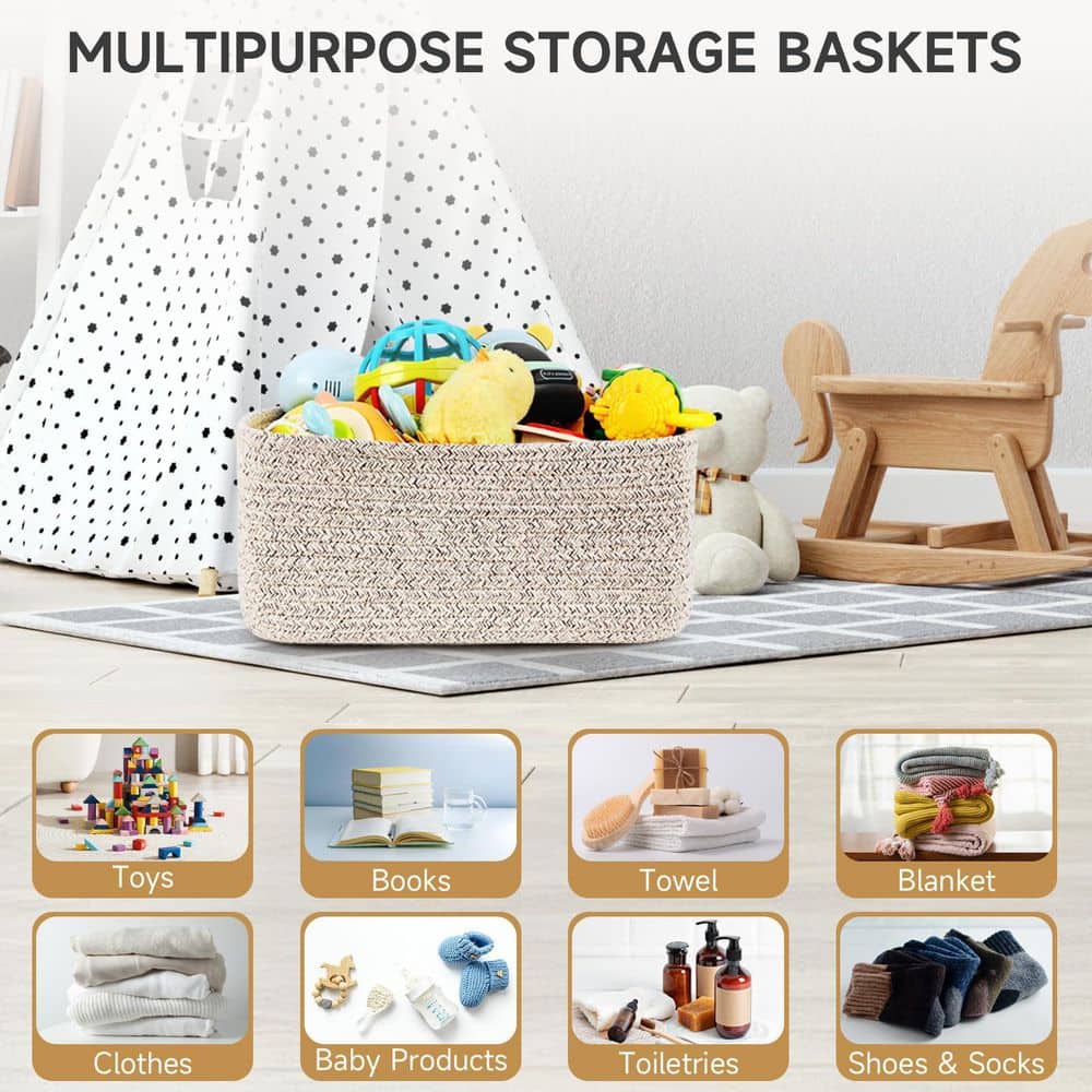 Unbranded Mixed Brown 11.8 in. x 7.8 in. x 5.1 in. Cotton Rope Decorative Storage Basket Organizer Cube Bin with Handles 3-Pack 11AS59D098