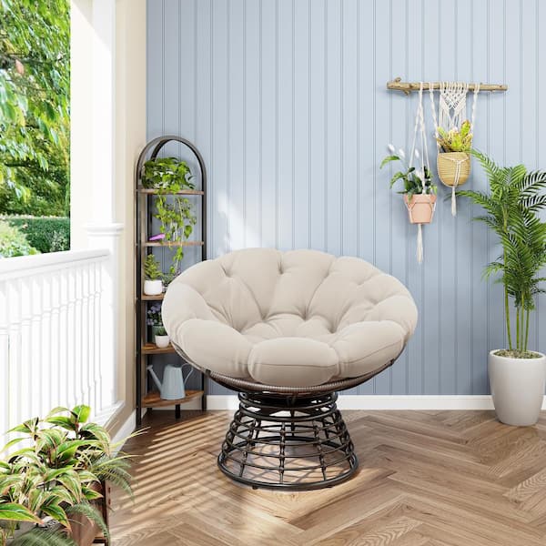 JPJPUU Outdoor Rattan 360° Swivel Chair with Soft Gray Thick
