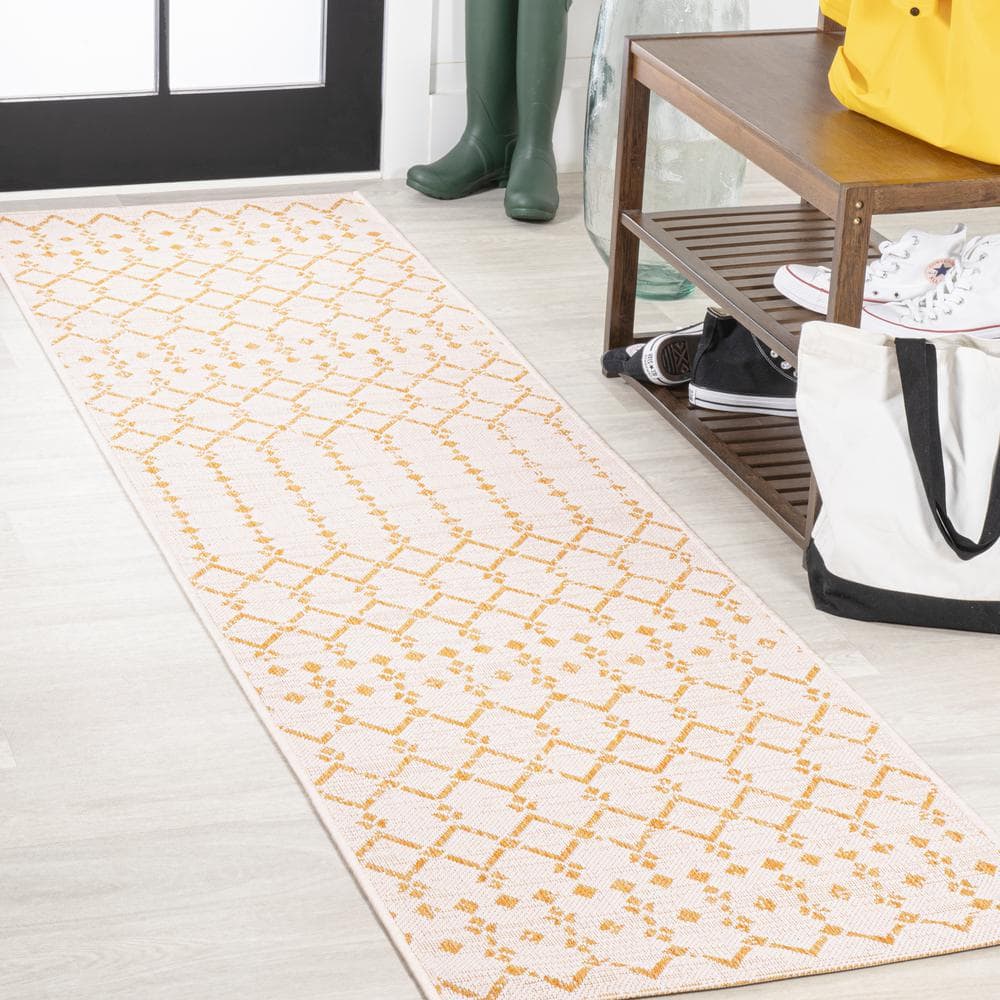 Geometric Textured Weave Cream/Yellow 2 ft. x 8 ft. Indoor/Outdoor Runner Rug