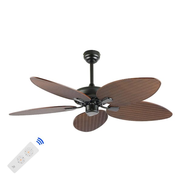 Raffles 52 in. Bohemian Industrial App/Remote-Controlled 6-Speed Palm Blade Ceiling Fan, Black/Neutral Brown Wood Finish