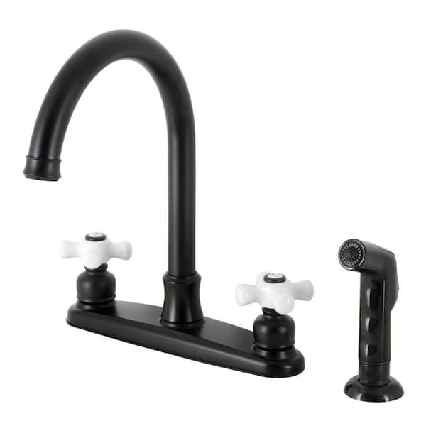 Kingston Brass Victorian 2-Handle Deck Mount Centerset Kitchen Faucets with Side Sprayer in Matte Black