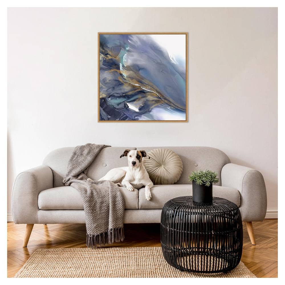 Water Wonder Abstract Blue and Gold Canvas Print with Maple Frame