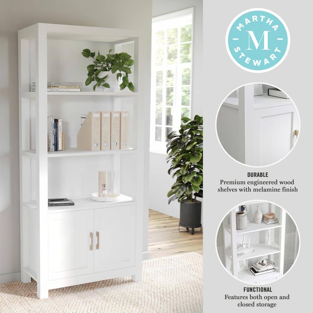 White 68" Wood Shaker Bookcase with Brass Hardware