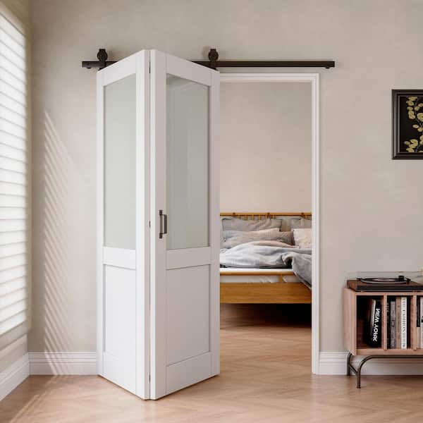 60 in. x 96 in. 1/2 Lite Tempered Frosted Glass White Primed MDF Bifold Sliding Barn Door with Hardware Kit