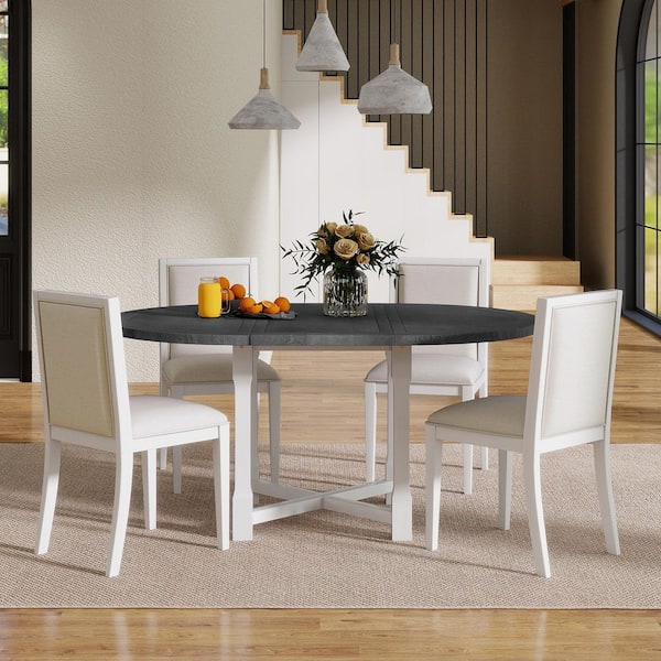 5 Piece Grey and White MDF Round Extendable Dining Table Set with Removable Leaf and 4 Upholstered Chairs