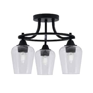 Madison 15.25 in. 3-Light Matte Black Semi-Flush Mount with Clear Bubble Glass Shade