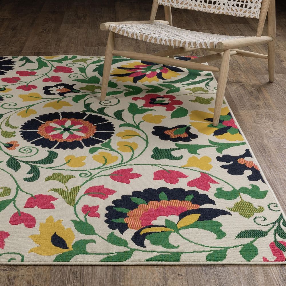 Hibiscus Ivory/Multi 2 ft. x 7 ft. Botanical Floral Motif Polypropylene Indoor/Outdoor Runner Area Rug product image for price tracking