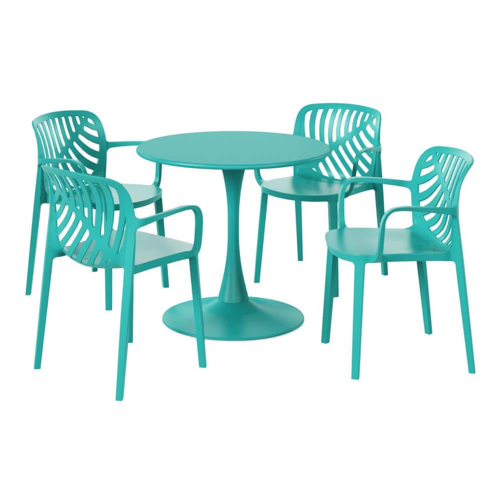 Frond&Form Outdoor Patio Modern 5-Piece Round HDPE Plastic Dining Table Set With Stackable Chairs, Turquoise price history on PriceWatchPro