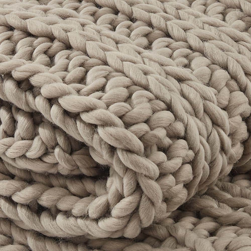 Beige Chunky Ribbed Knit Cotton Throw Blanket
