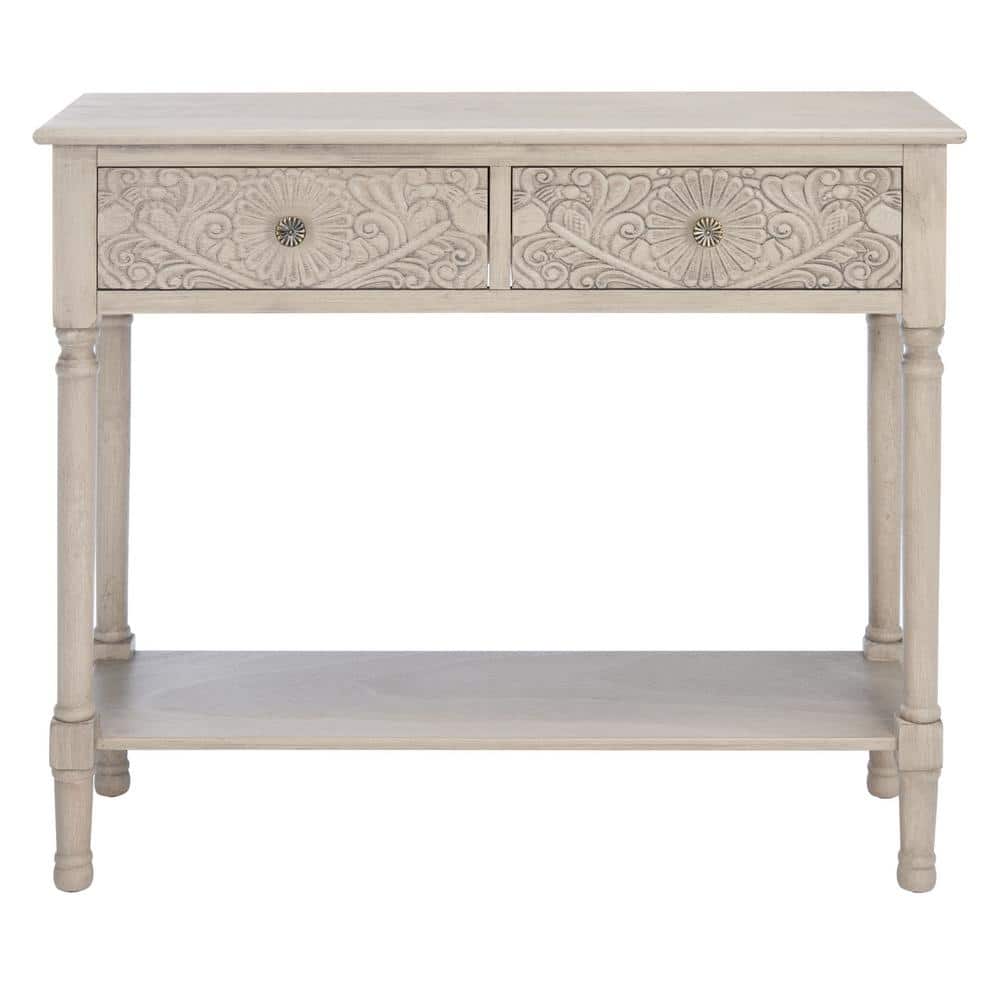 Josie Elegantly Carved Greige Wood & Metal 40'' Console Table with Storage