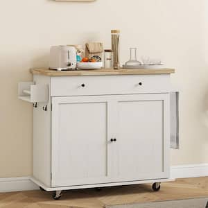 Farmhouse Rolling White Rubber Wood Top 45.5 in. Kitchen Island with Adjustable Shelves and 2 Hooks