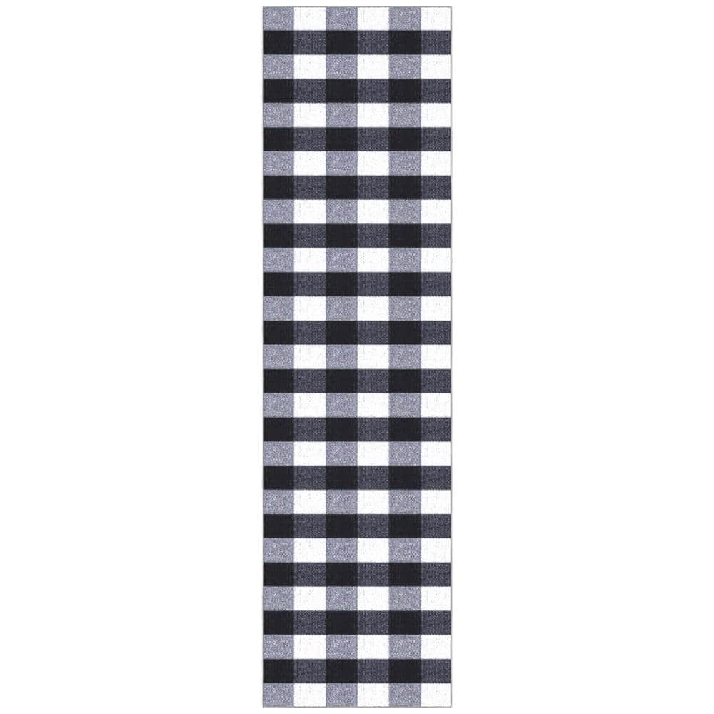 Black and White Checkered Synthetic Runner Rug 2'7" x 9'10"