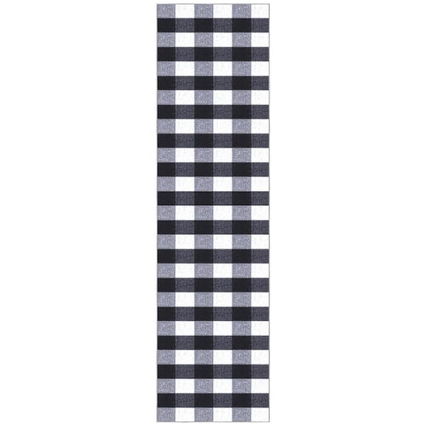 Ottomanson Ottohome Collection Non-Slip Rubberback Checkered Buffalo Plaid 3x10 Runner Rug, 2 ft. 7 in. x 9 ft. 10 in., Grayscale