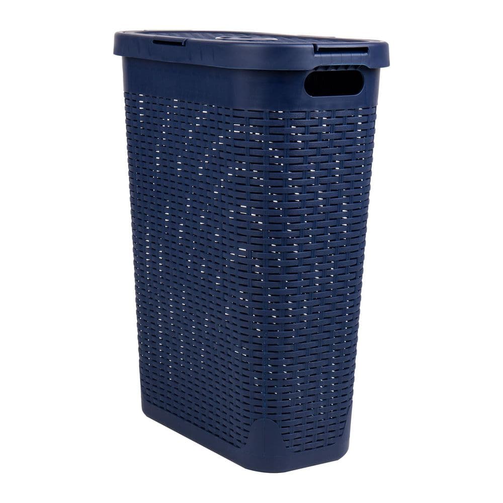 Mind Reader Basket Collection, Slim Laundry Hamper, 40 Liter (15kg/33lbs) Capacity, Attached Hinged Lid, Navy