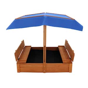 43 in. L x 43 in. W Children's Wooden Sandbox with Cover With 2 Bench Seats Game House Kids Gift Beach Outdoor Playset