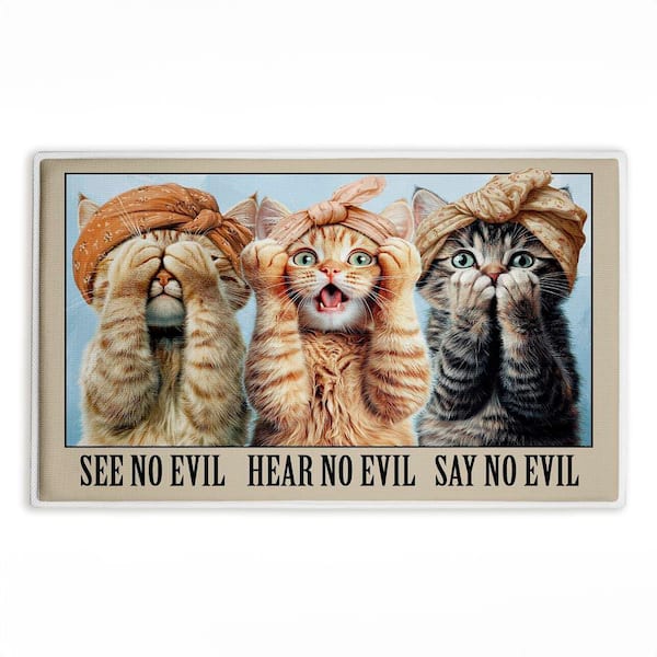 No Evil Cats Trio 18 in. x 30 in. Beige Graphic Polyester Blend Rectangle Bath Mat
