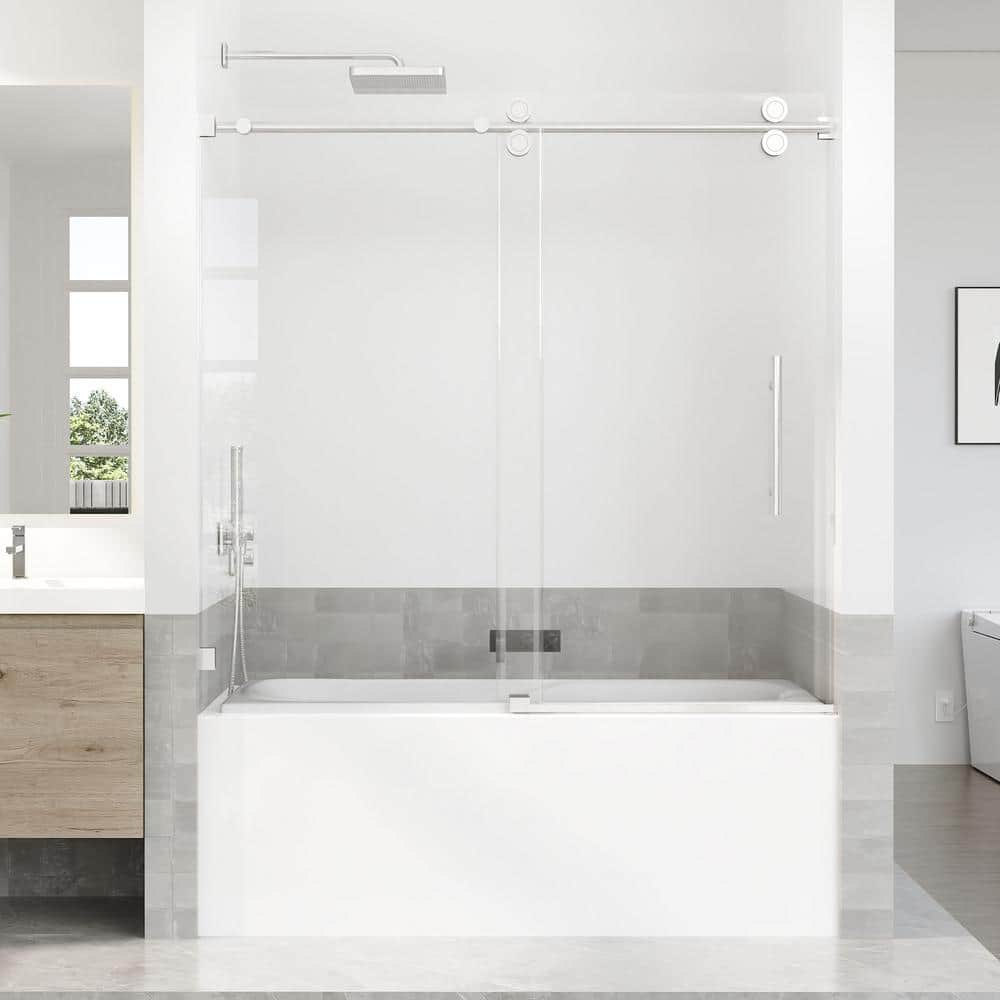 Brushed Nickel Frameless Sliding Shower Door with Clear Tempered Glass