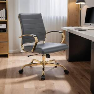 Benmar Leather Mid-Back Office Chair with Armrests and Adjustable Height, Tilt, Swivel in Gold Stainless Steel, Grey
