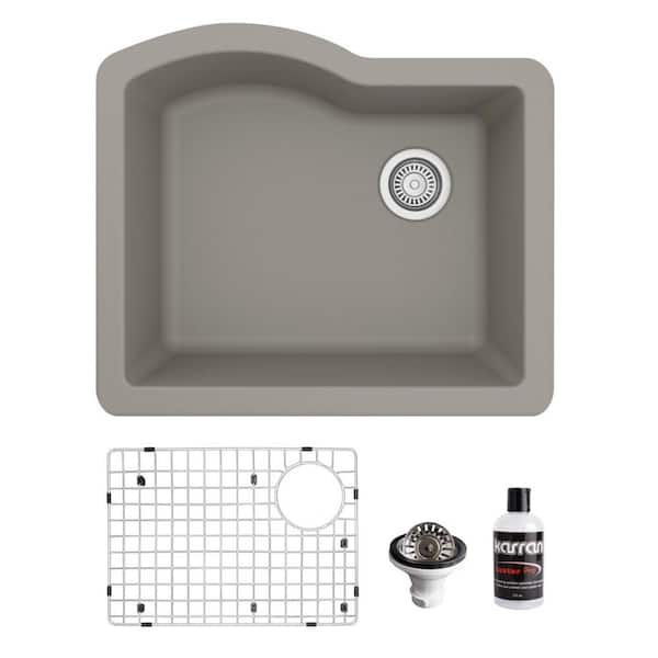 Karran QU-671 Quartz/Granite 24 in. Single Bowl Undermount Kitchen Sink in Concrete with Bottom Grid and Strainer