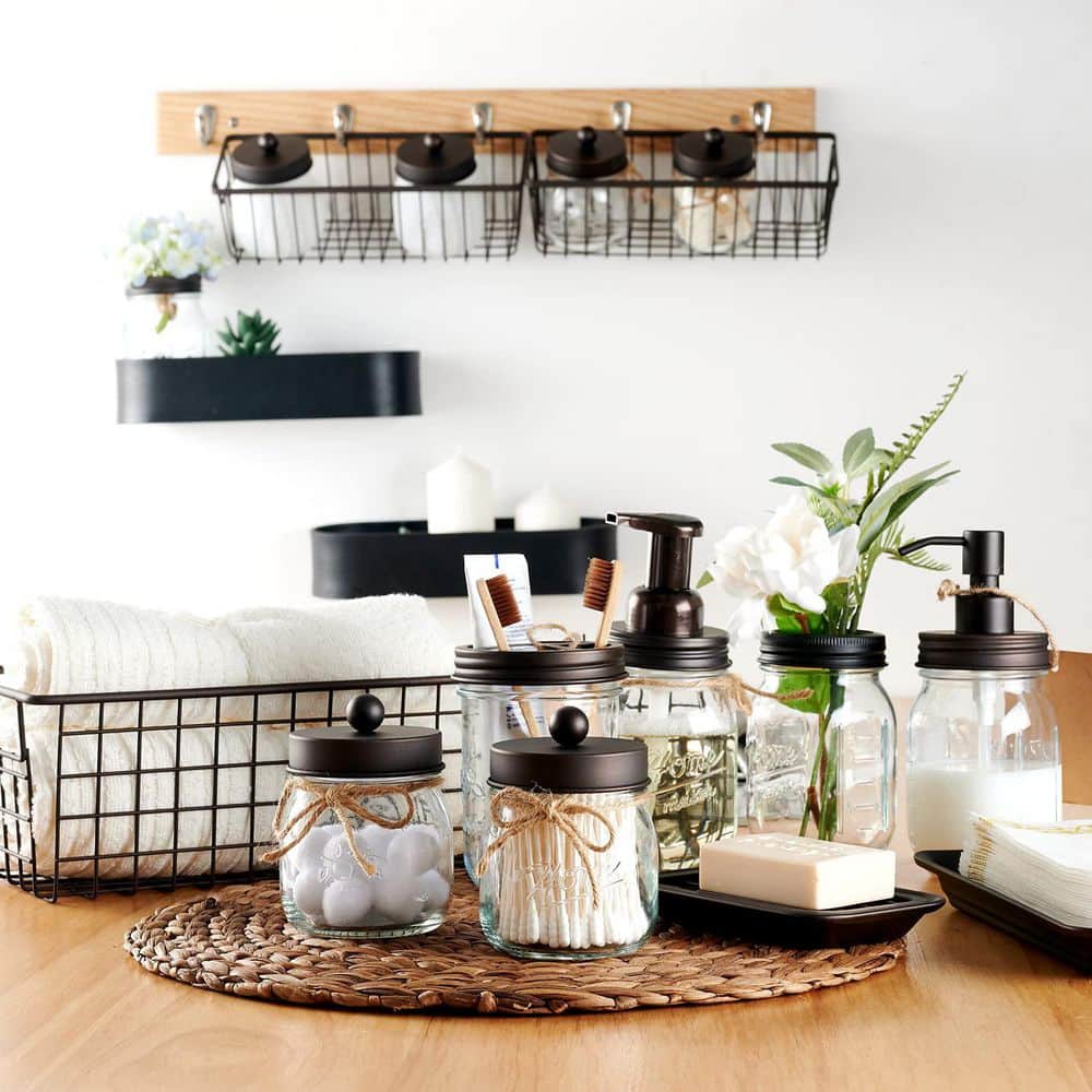 6 Pieces Glass Stainless Steel Bathroom Sink Accessory Set with Dispenser Holder Jars Dish Basket Brown Rustic Decor price history on PriceWatchPro