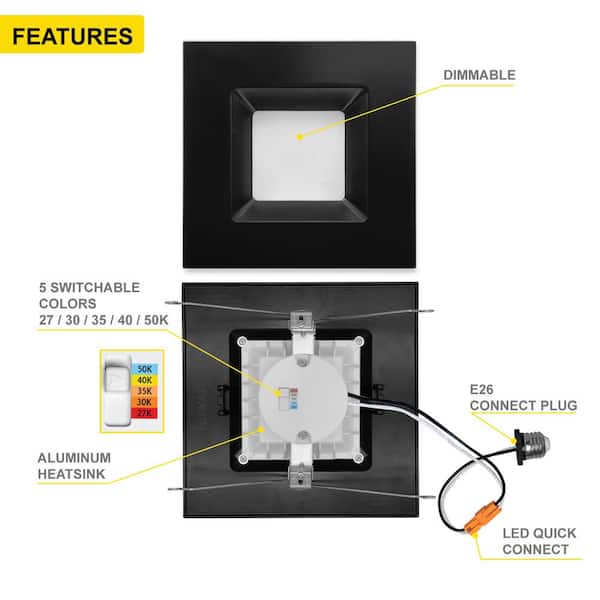 6 in. 14-Watt LED Black Square Retrofit Recessed Housing Light 5 CCT 2700K to 5000K IC Rated Remodel Dimmable (12-Pack)