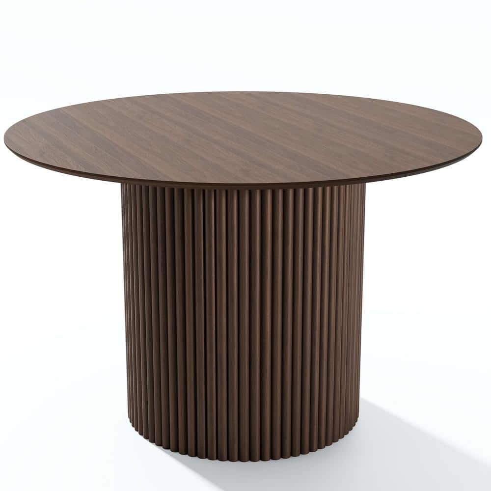 46 in. Walnut Oak Wood Color Column Pedestal Round Kitchen Table Dining Table Seats 4