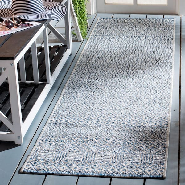 Courtyard Gray/Blue 2 ft. x 7 ft. Geometric Diamond Indoor/Outdoor Patio  Runner Rug