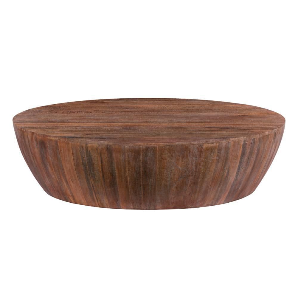 Rustic Drum-Shape Handcarved Mango Wood Coffee Table, Raw Brown