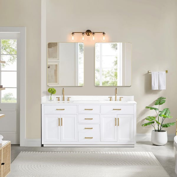 Gavino 72 in. W x 22 in. D x 34 in. H Double Sink Bath Vanity in White with White Composite Stone Top and Mirror