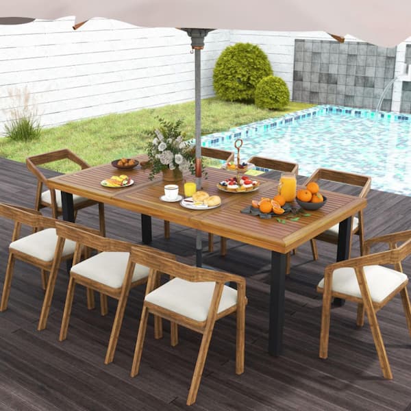 79 in. W Acacia Wood Patio Dining Table Rectangular Table with with 1.9 in. Umbrella Hole for Balcony, Deck or Porch