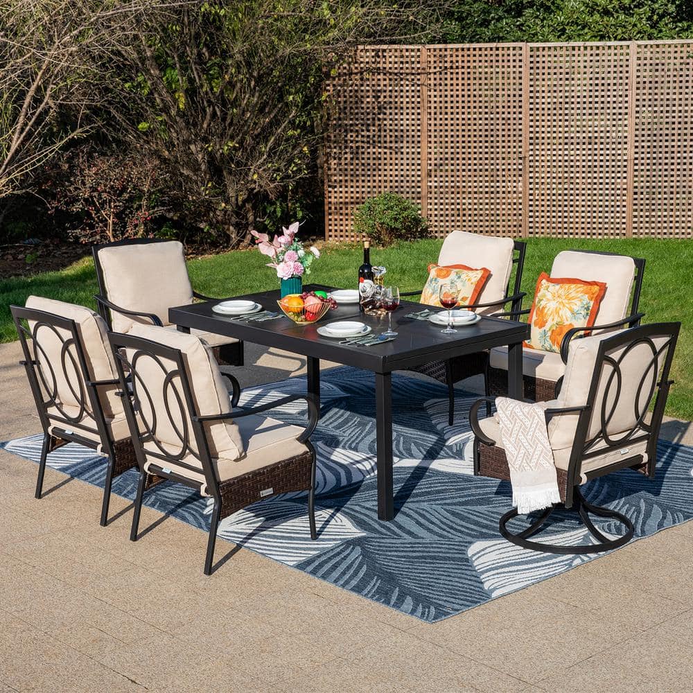 7-Piece Metal Patio Outdoor Dining Set with Extendable Rectangle Table and Chairs with Beige Cushions