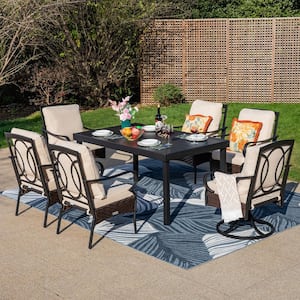 7-Piece Metal Patio Outdoor Dining Set with Extendable Rectangle Table and Chairs with Beige Cushions