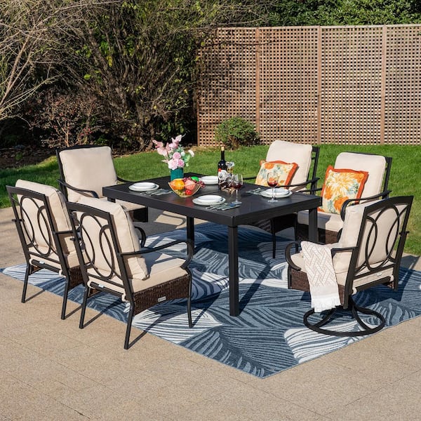 PHI VILLA 7-Piece Metal Patio Outdoor Dining Set with Extendable Rectangle Table and Chairs with Beige Cushions