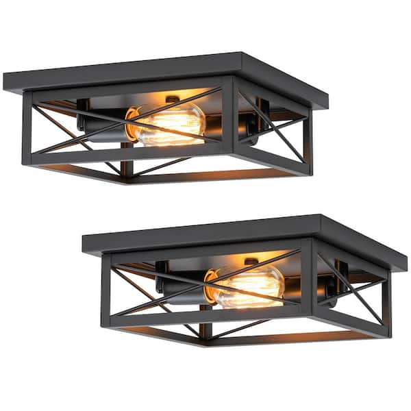 10.75 in. 2-Light Industrial Black Square Flush Mount Ceiling Light with Turnable Light Cap, No Bulb Included (2-Pack)