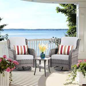 Joyoung Gray 3-Piece Wicker Outdoor Patio Conversation Seating Set with Gray Cushions and Swivel Rocking Chairs