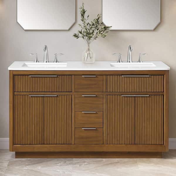Xander 60 in. Freestanding Warm Walnut Bath Vanity with White Engineered Stone Top and Brushed Nickel Hardware