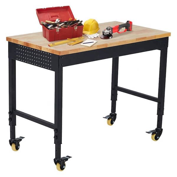 Heavy Duty 48 in. W x 24 in. D Black Steel Mobile Workbench with Rubberwood Top, AC Outlets & USB Ports