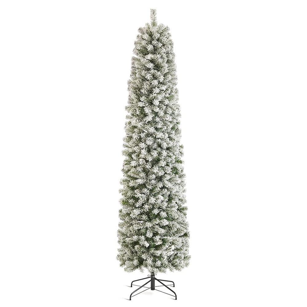 9 Ft. Unlit Snow Flocked Artificial Pencil Christmas Tree, Hinged Snowy Sli
