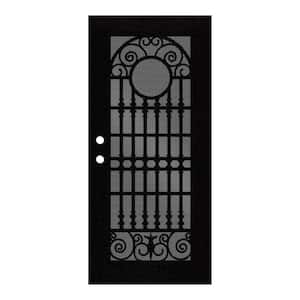 36 in. x 80 in. Spaniard Black Left-Hand Surface Mount Aluminum Security Door with Black Perforated Metal Screen
