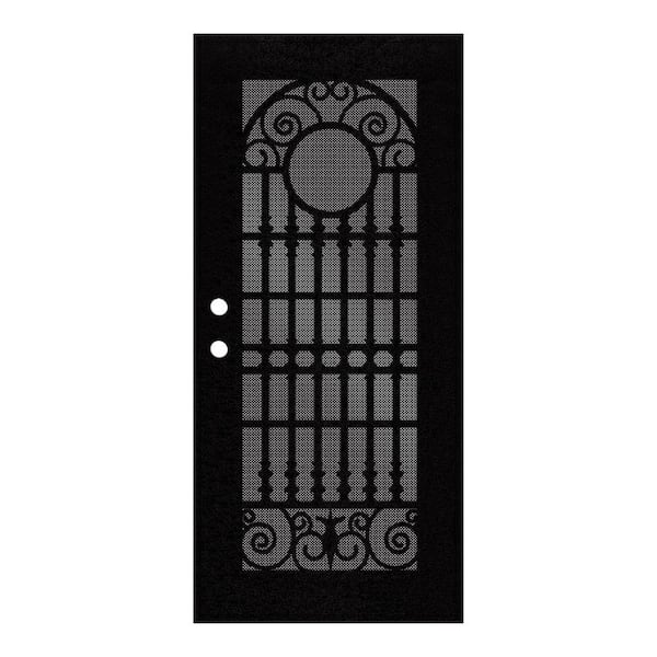 Unique Home Designs 36 in. x 80 in. Spaniard Black Left-Hand Surface Mount Aluminum Security Door with Black Perforated Metal Screen