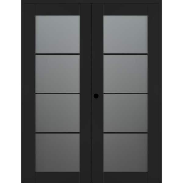 Vona 4-Lite 56 in. x 96 in. Right Active 4-Lite Frosted Glass Black Matte Wood Composite Double Prehung Interior Door