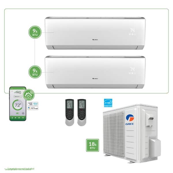 GREE Gen3 Smart Home Dual-Zone 18,000 BTU 1.5 Ton Ductless Mini Split Air Conditioner with Heat, Inverter, Remote - 208-230-V