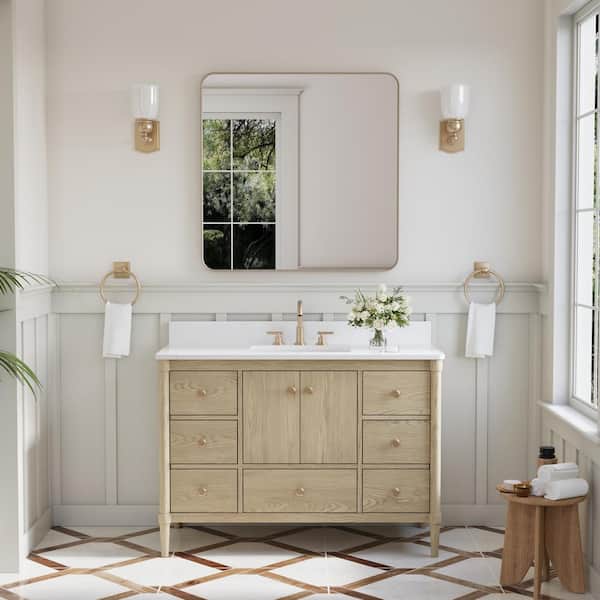 48 in. OAK Solid Wood Bath Vanity White Quartz Top, Single Sink, Soft-Close Doors, Drawers, CUPC Certified, Assembled