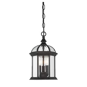 Kensington 8.25 in. W x 13.75 in. H 3-Light Textured Black Outdoor Hanging Lantern with Clear Beveled Glass Panels