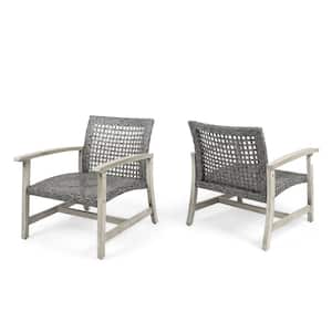 Hampton Light Gray Wood and Mixed Black Faux Rattan Armed Outdoor Patio Lounge Chair (2-Pack)