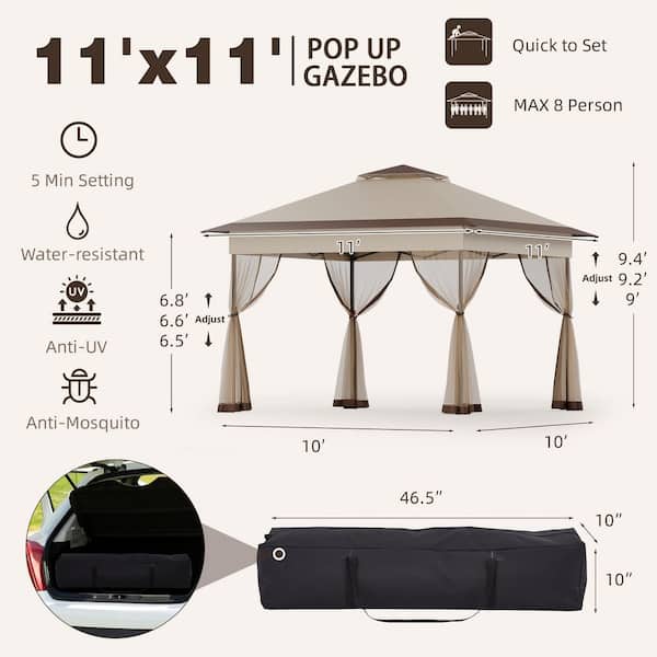 Bezseller 11 ft. x 11 ft. Khaki Pop-Up Gazebo Tent with