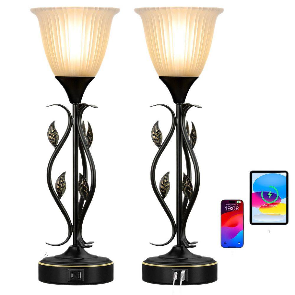 20 in Black Classic 2 LED Dimmable Touch Table Lamp with Leaf Flower Design and Dual USB Port. Glass Shade